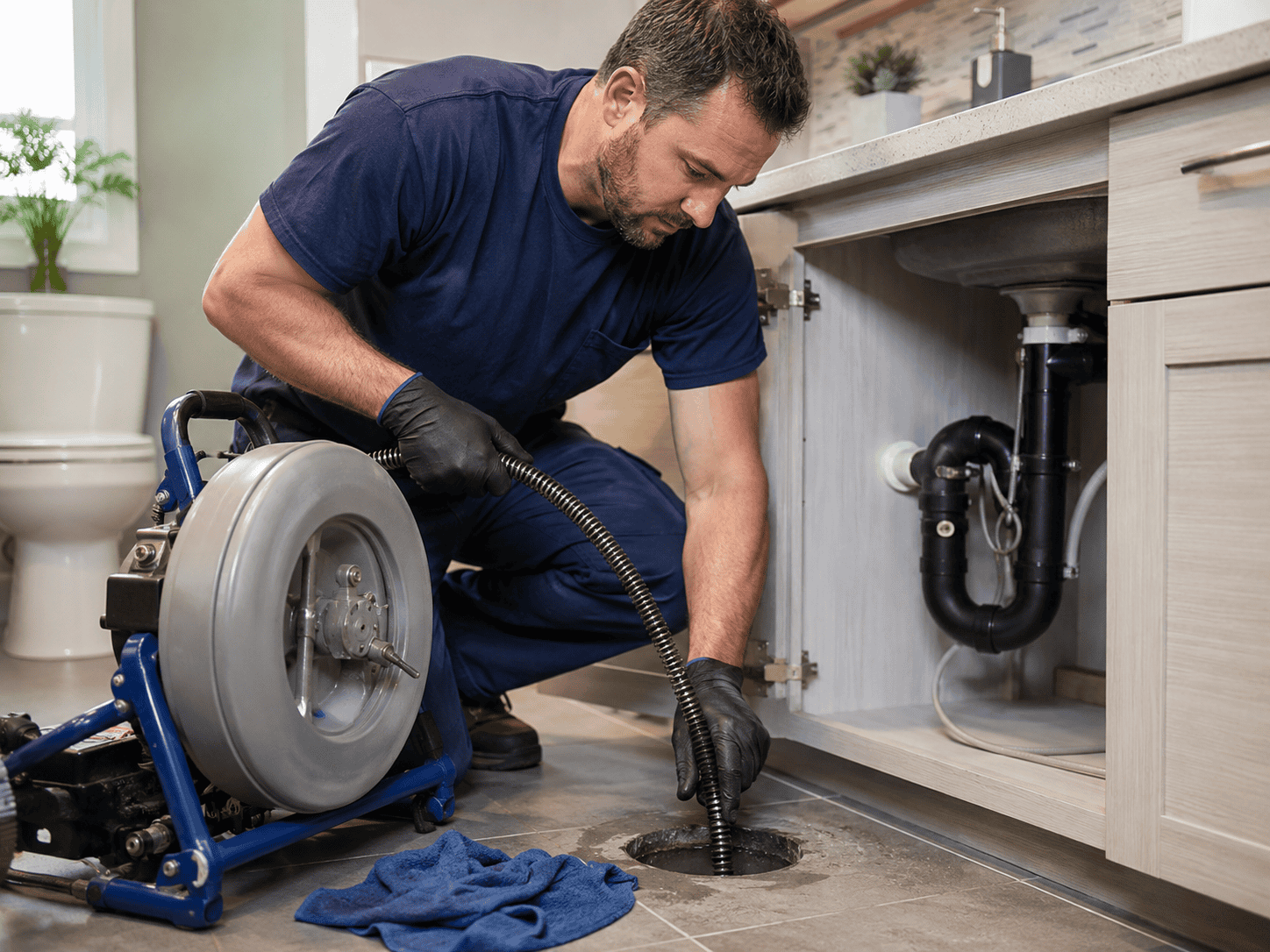 Débouchage de drain à Anjou Plombier à Anjou utilisant un équipement professionnel pour déboucher un drain de plancher résidentiel.