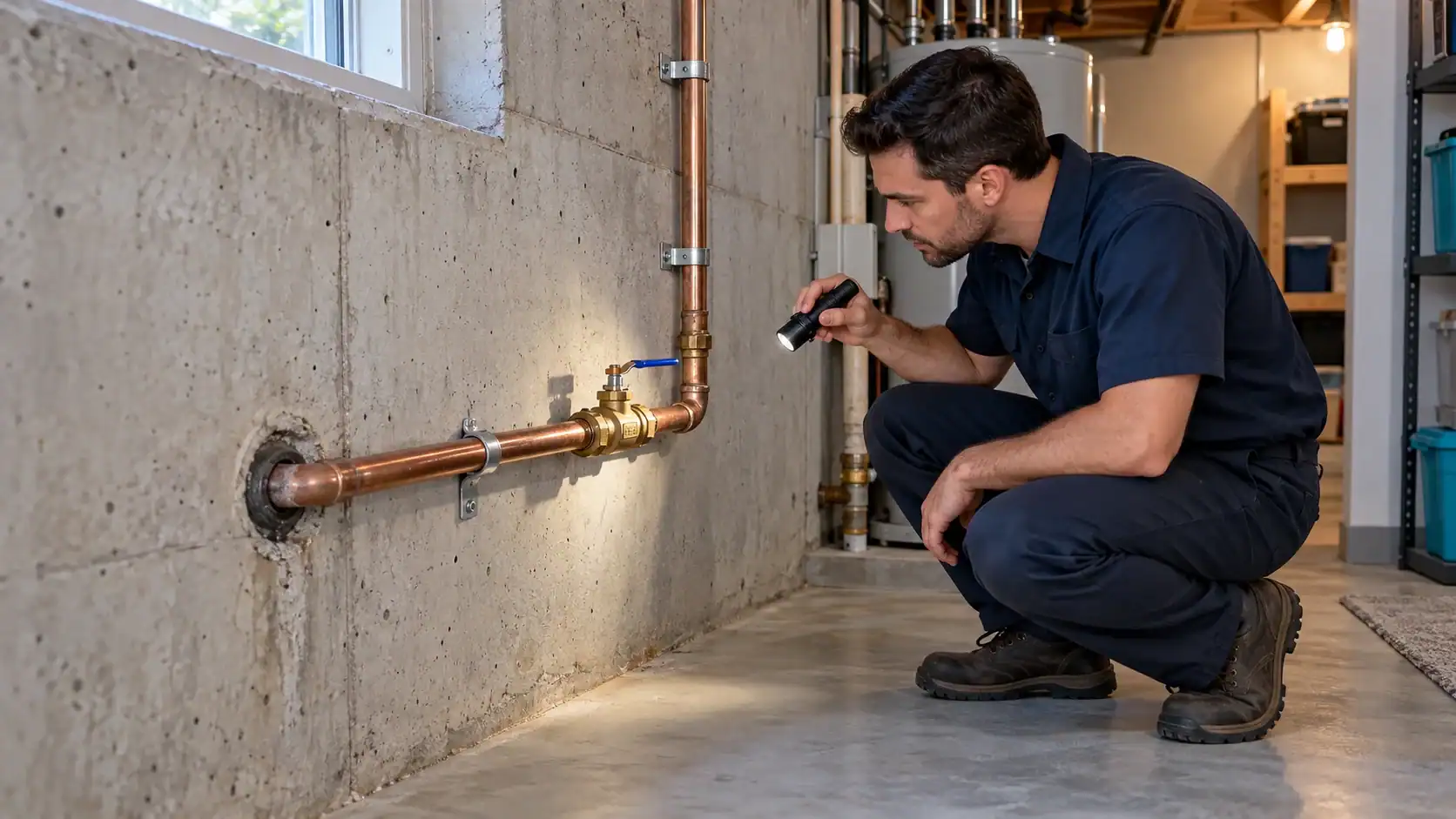 Plombier inspectant la conduite d’entrée d’eau et la valve d’arrêt dans un sous-sol
