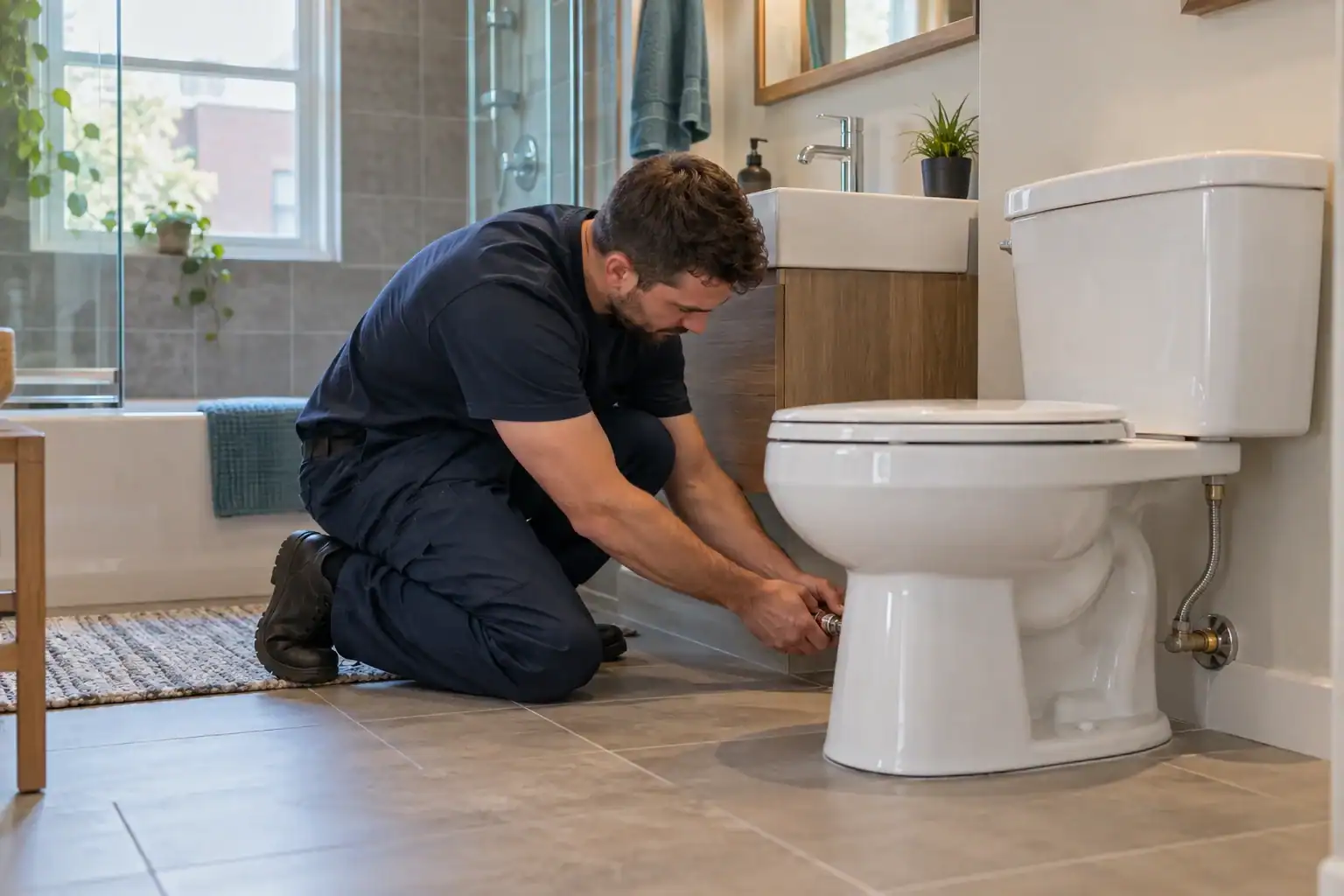 Plombier ajustant l’installation d’une toilette dans une salle de bain résidentielle