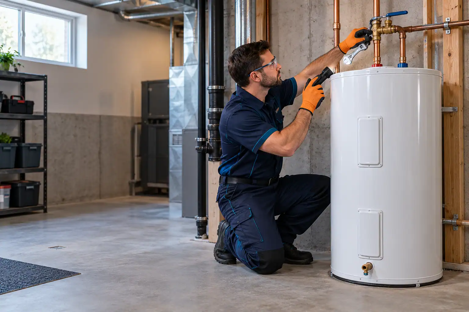 Plombier vérifiant les raccordements d’un chauffe-eau électrique résidentiel
