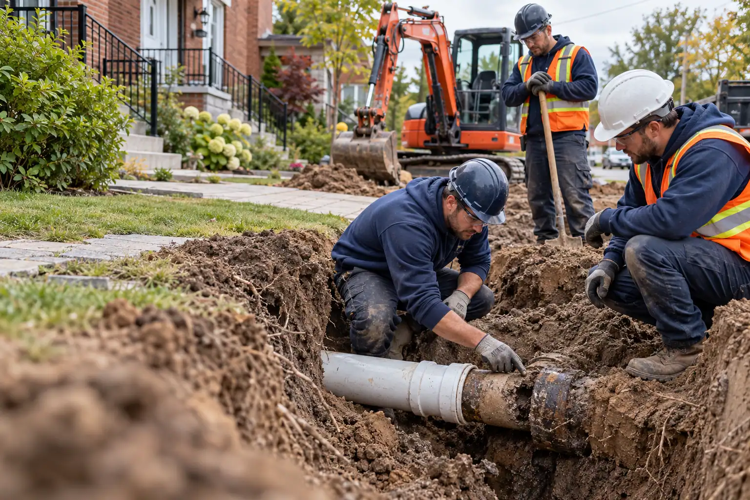 Plombiers réparant une conduite d’égout résidentielle exposée par excavation