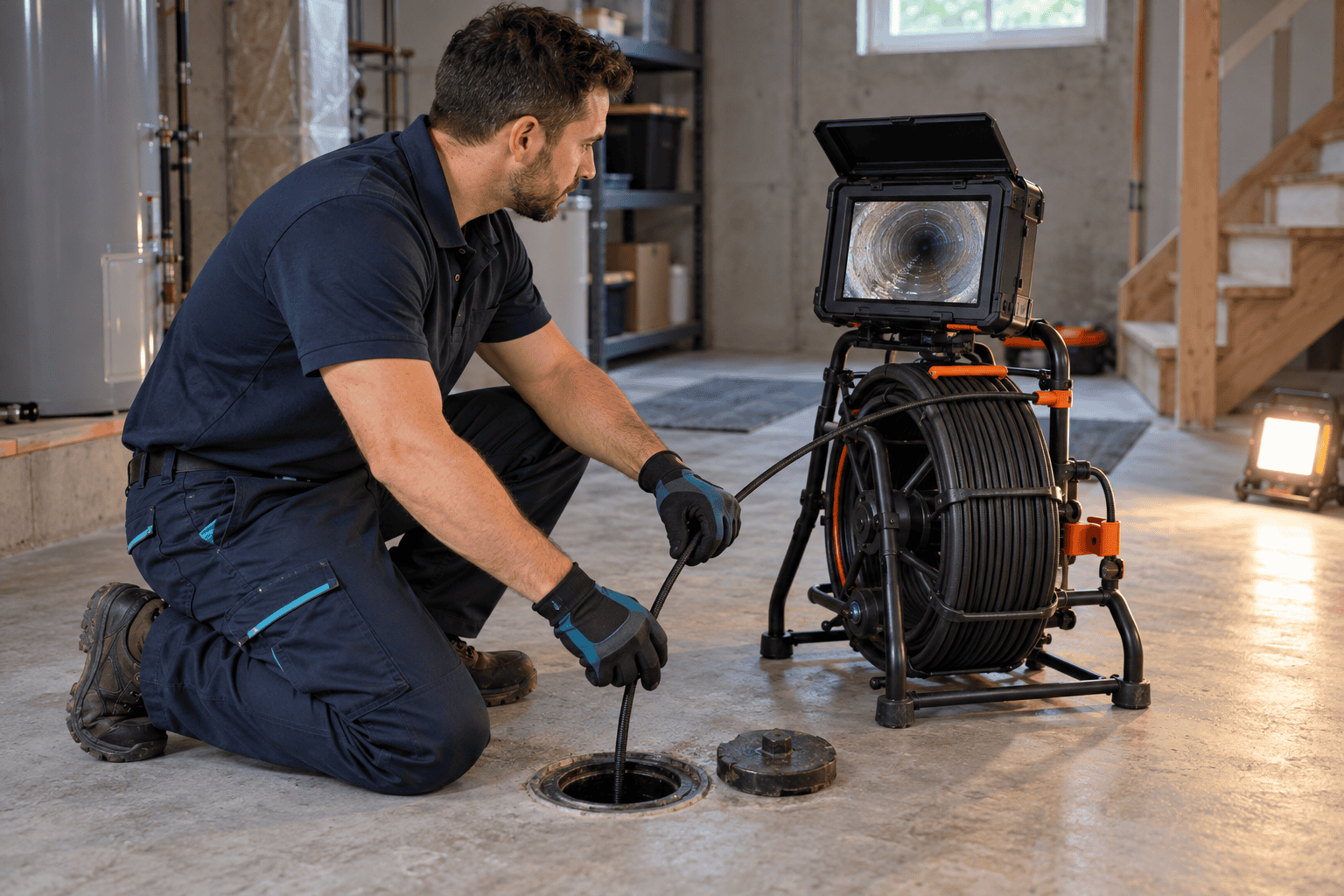 Plombier réalisant une inspection de drain par caméra dans un sous-sol résidentiel