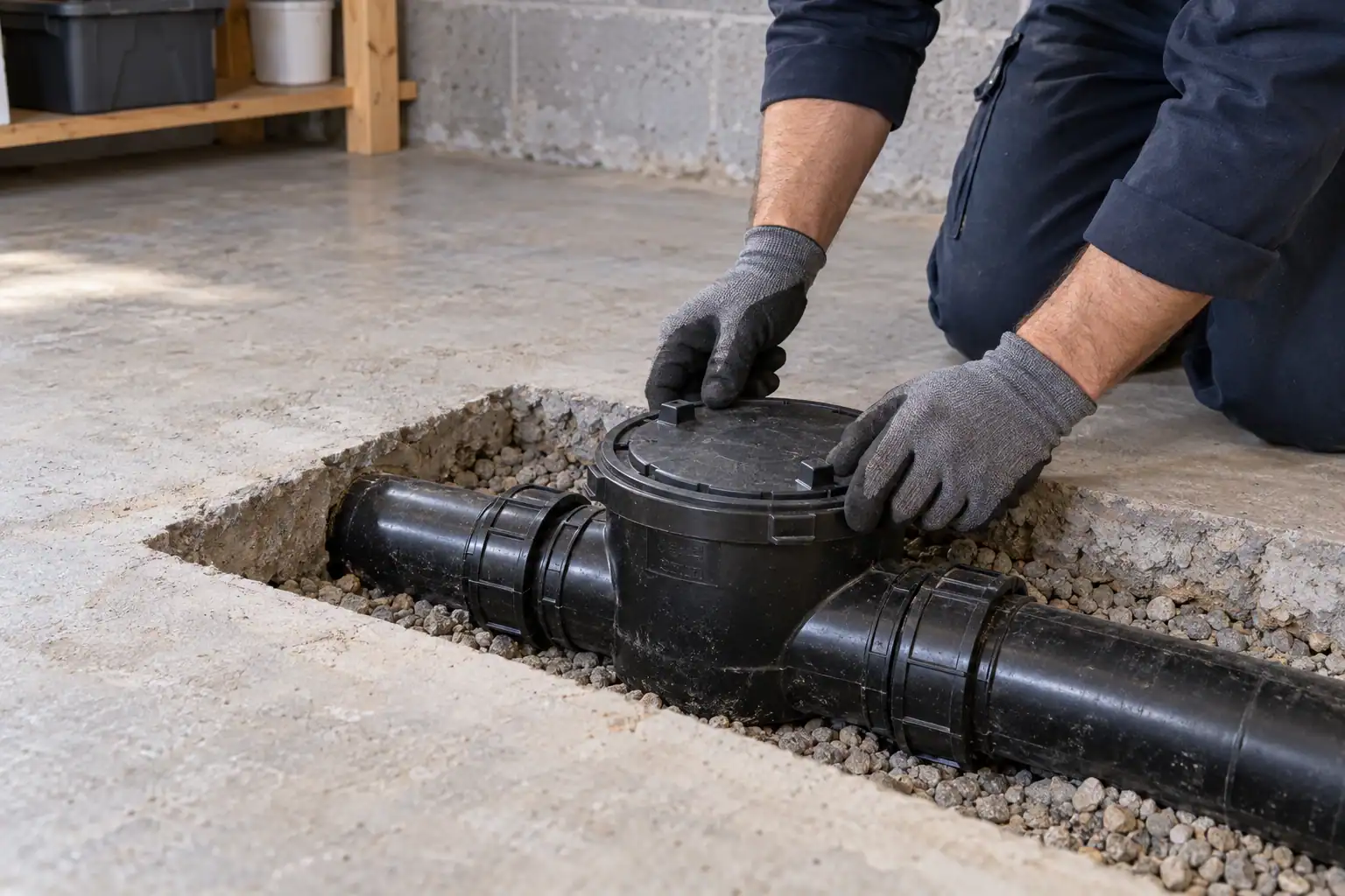 Plombier inspectant un clapet antiretour accessible sous le plancher d’un sous-sol