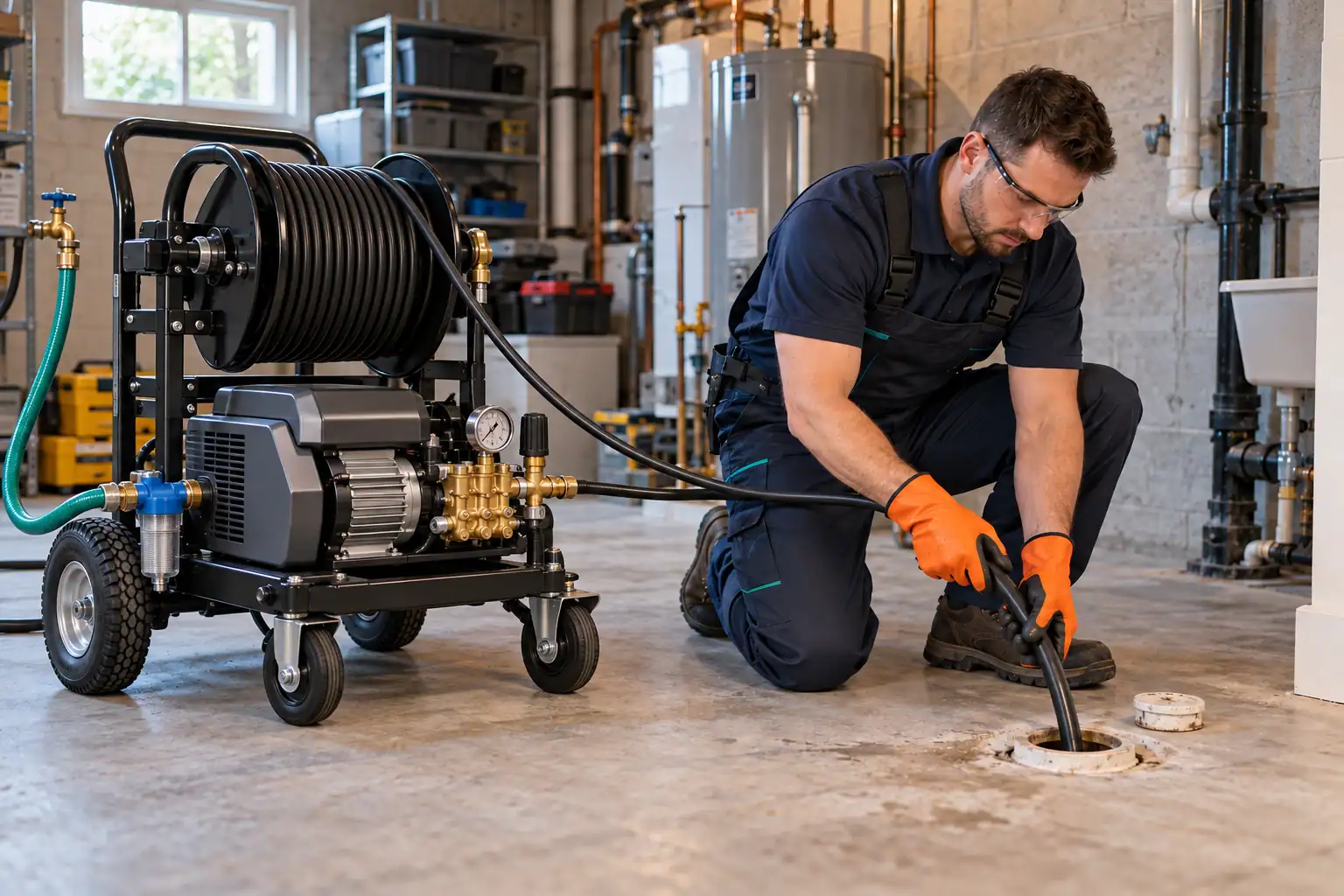 Plombier effectuant un nettoyage de drain à haute pression avec un hydrojet professionnel