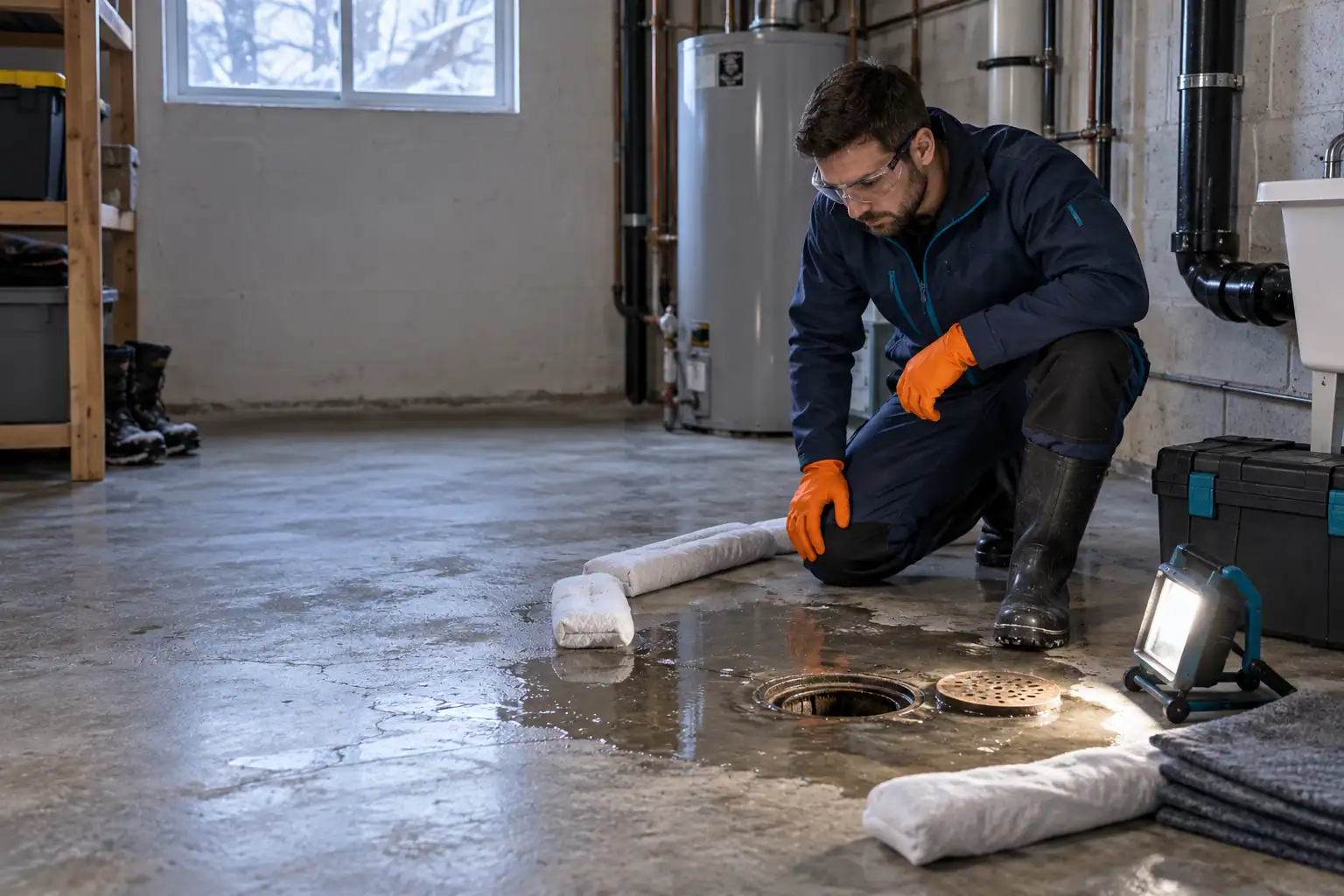 Plombier évaluant un refoulement d’égout autour d’un drain de plancher résidentiel