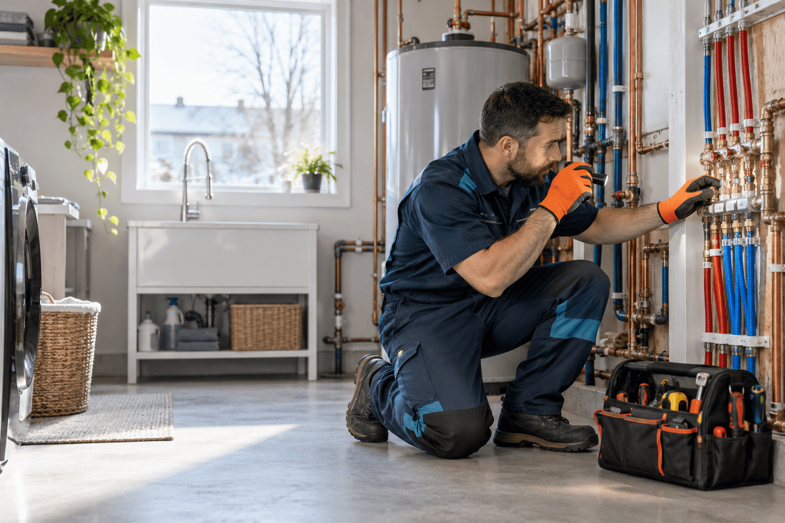 Plombier inspectant une installation résidentielle pour les services de Plomberie Anjou