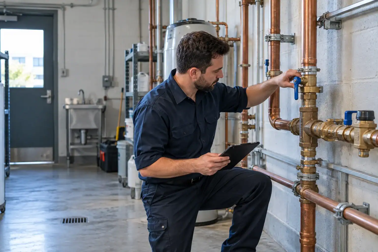 Plombier inspectant les vannes et les conduites d’eau d’un bâtiment commercial