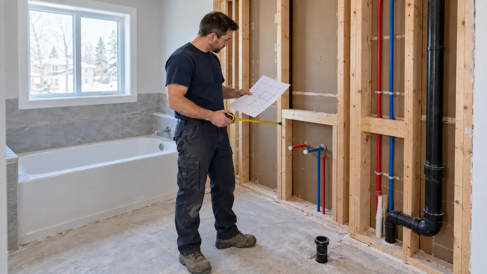 Plombier vérifiant les emplacements de plomberie dans une salle de bain en rénovation