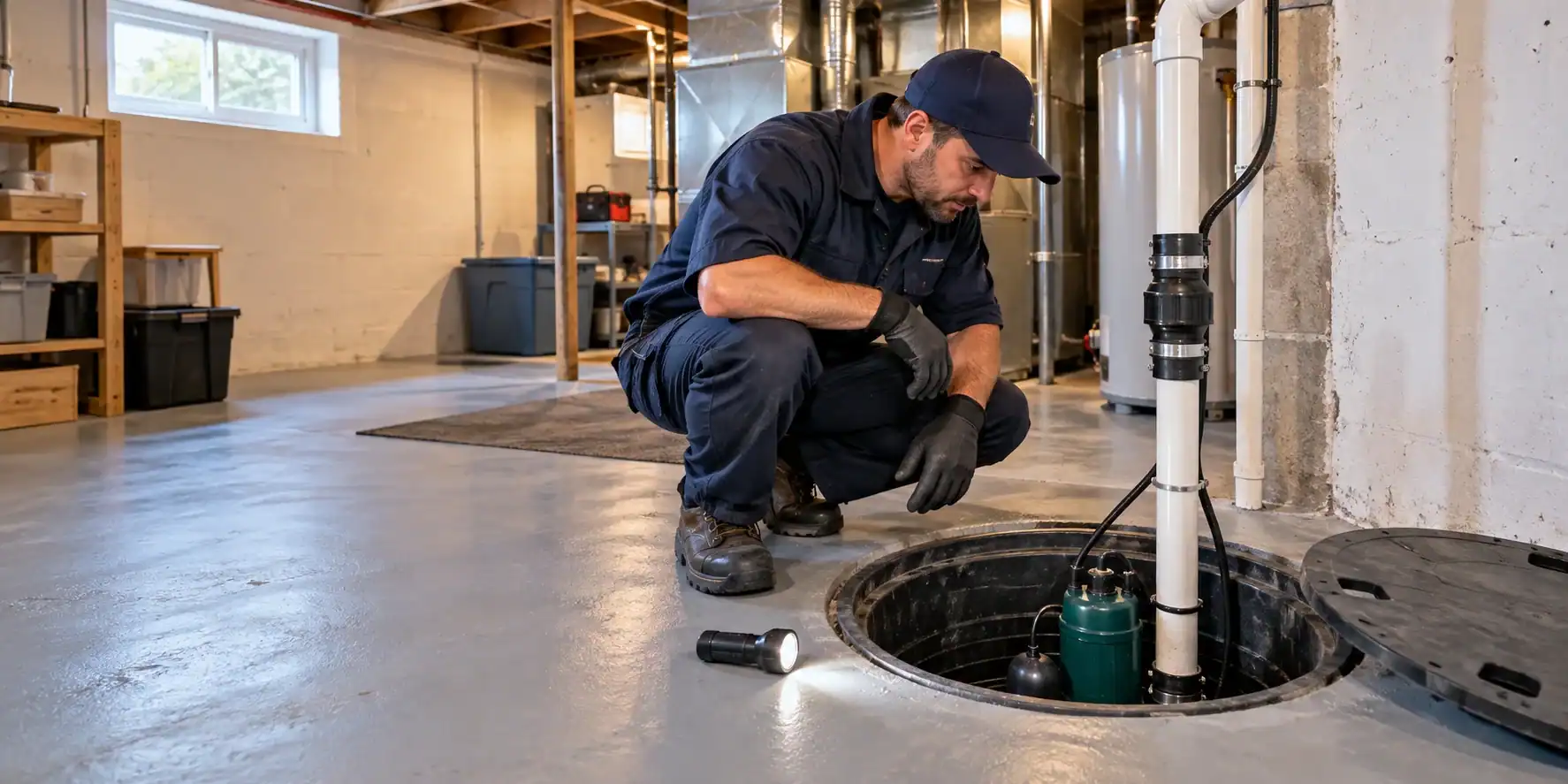 Inspection d’une pompe de puisard | Plomberie Anjou Plombier examinant une pompe de puisard et sa conduite de refoulement dans un sous-sol résidentiel