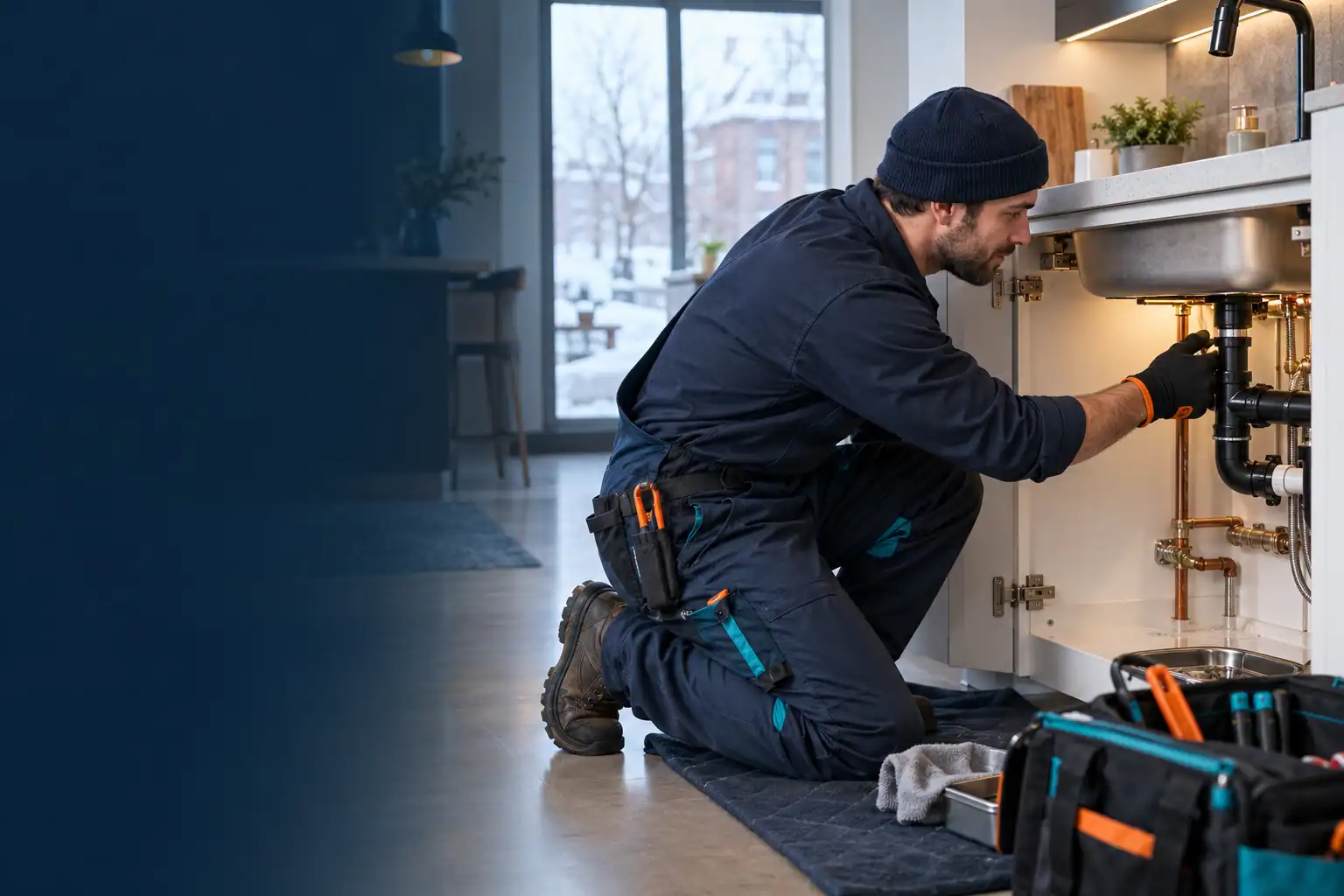 Professional plumber servicing a kitchen sink in Anjou