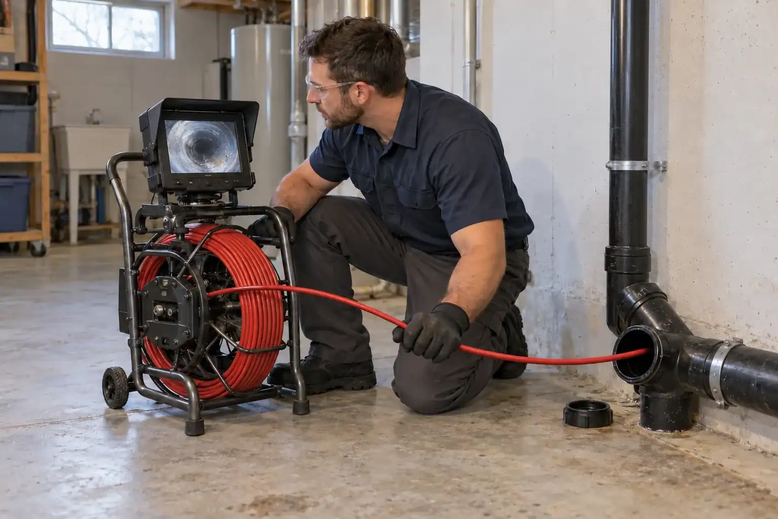 Plombier à Blainville inspectant un drain résidentiel avec une caméra et un moniteur