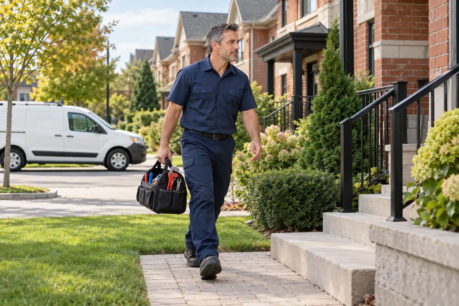 Plombier à Boisbriand portant un sac d’outils devant des résidences en brique, avec une camionnette blanche à l’arrière-plan.