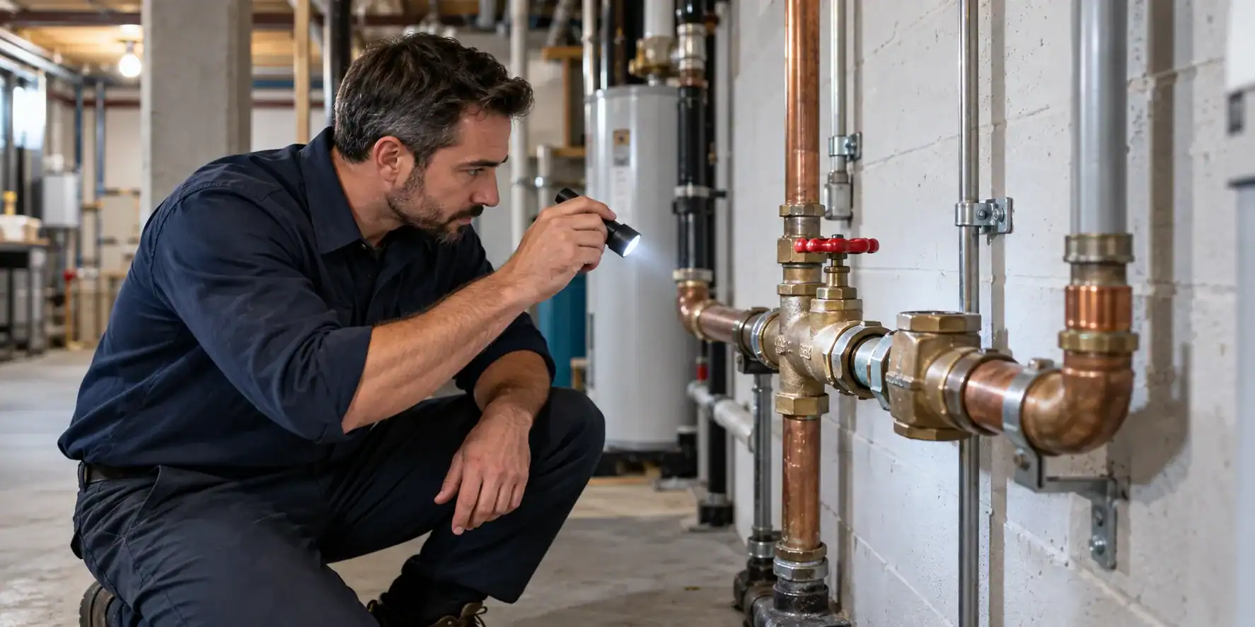 Illustration d’un plombier à Côte-des-Neiges–Notre-Dame-de-Grâce examinant une valve d’entrée d’eau accessible dans un immeuble