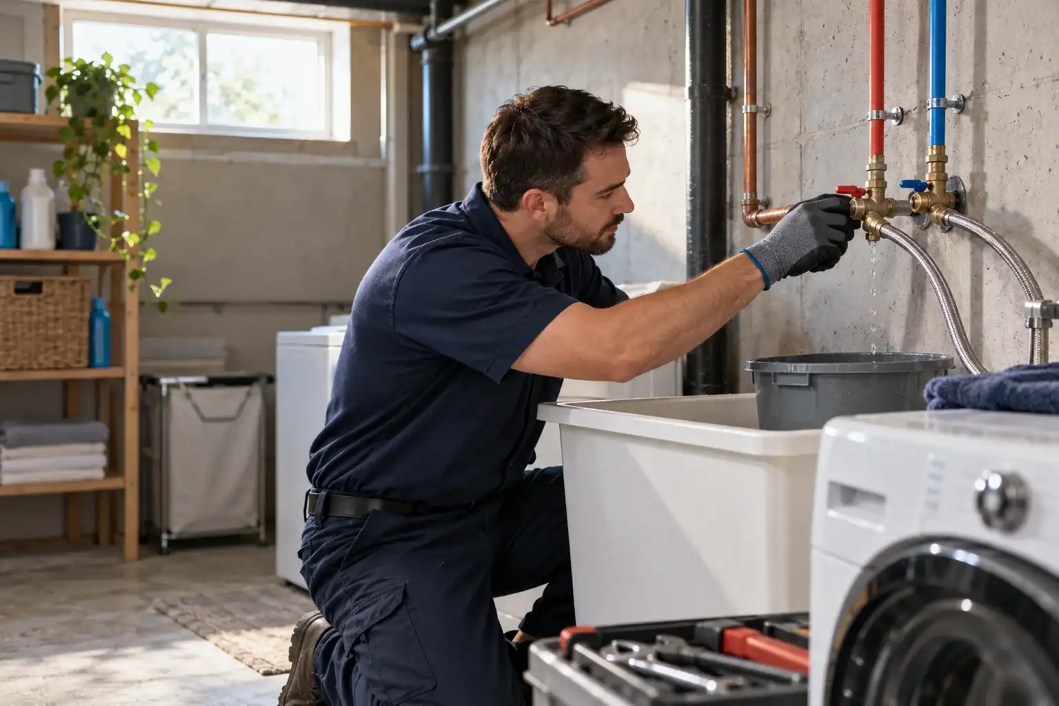 Illustration pour la page plombier à LaSalle : inspection d’une fuite aux raccords de laveuse dans une buanderie.