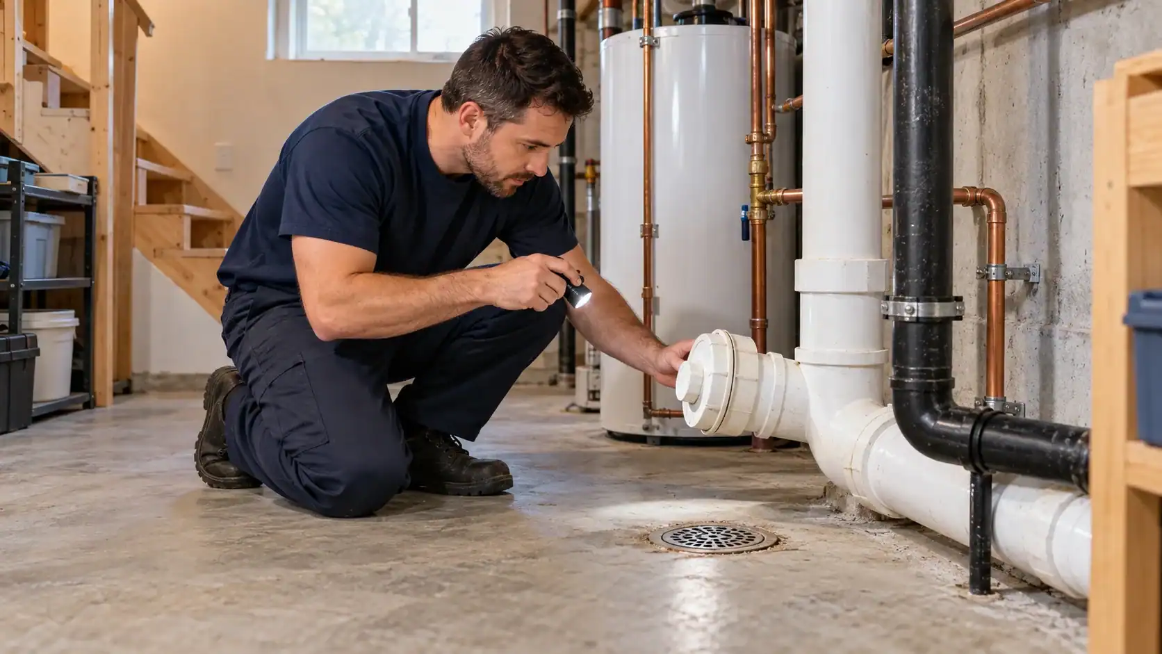 Plombier examinant un regard de nettoyage et un drain de plancher dans un sous-sol résidentiel