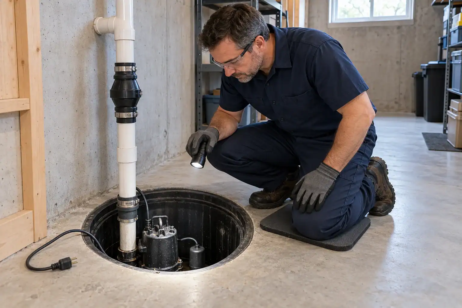 Illustration pour la page Plombier Mascouche : un plombier inspecte une pompe de puisard au sous-sol.