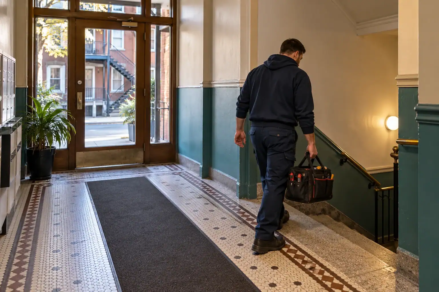 Plombier portant sa trousse d’outils dans l’entrée commune d’un immeuble à logements