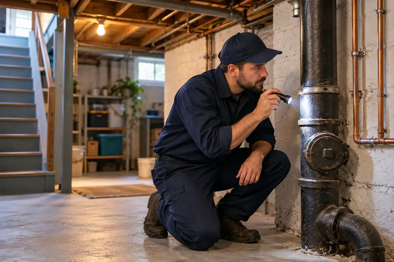 Plombier inspectant une colonne de drainage en fonte dans un sous-sol.