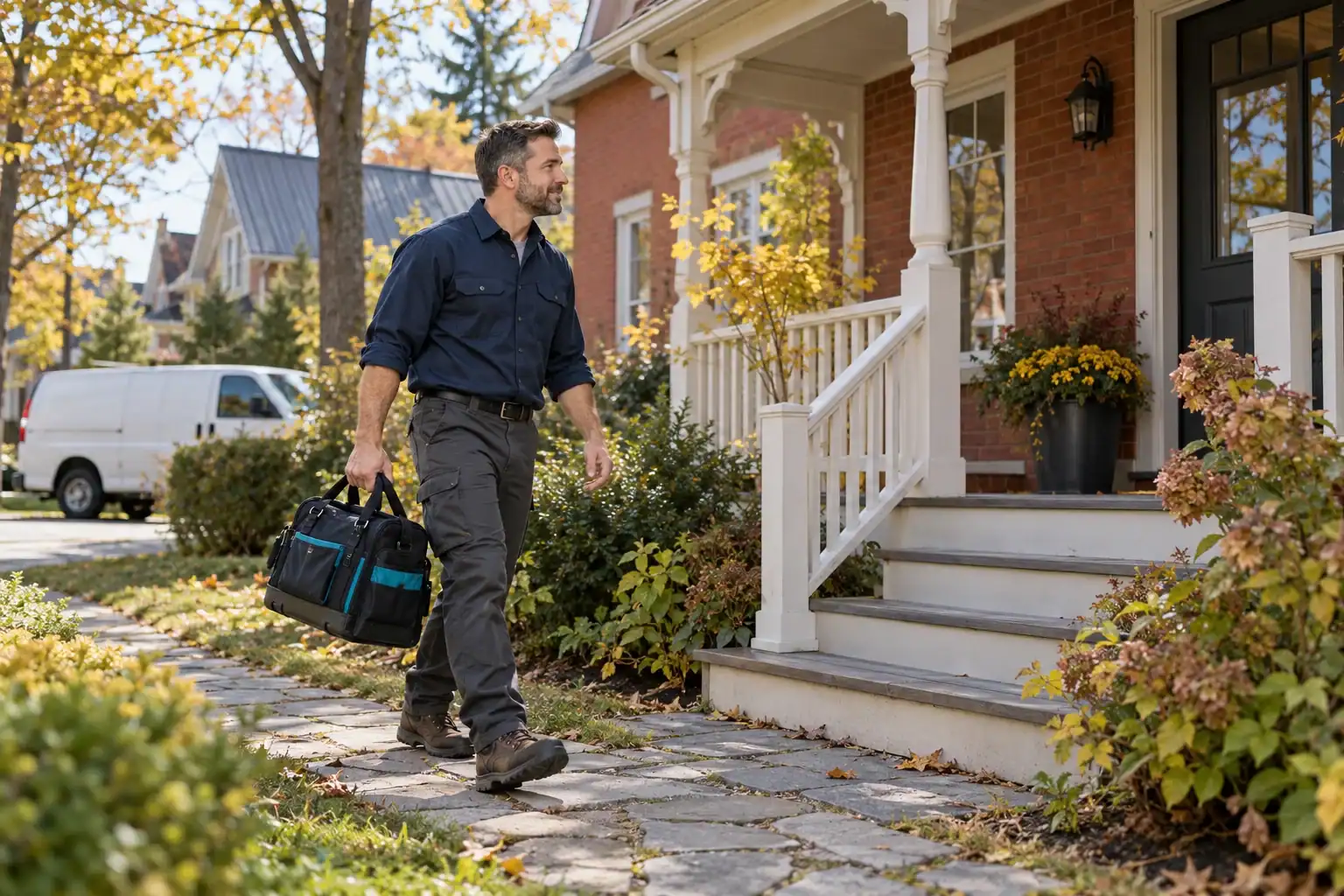 Plombier à Saint-Eustache arrivant devant une maison en brique avec son sac d’outils.
