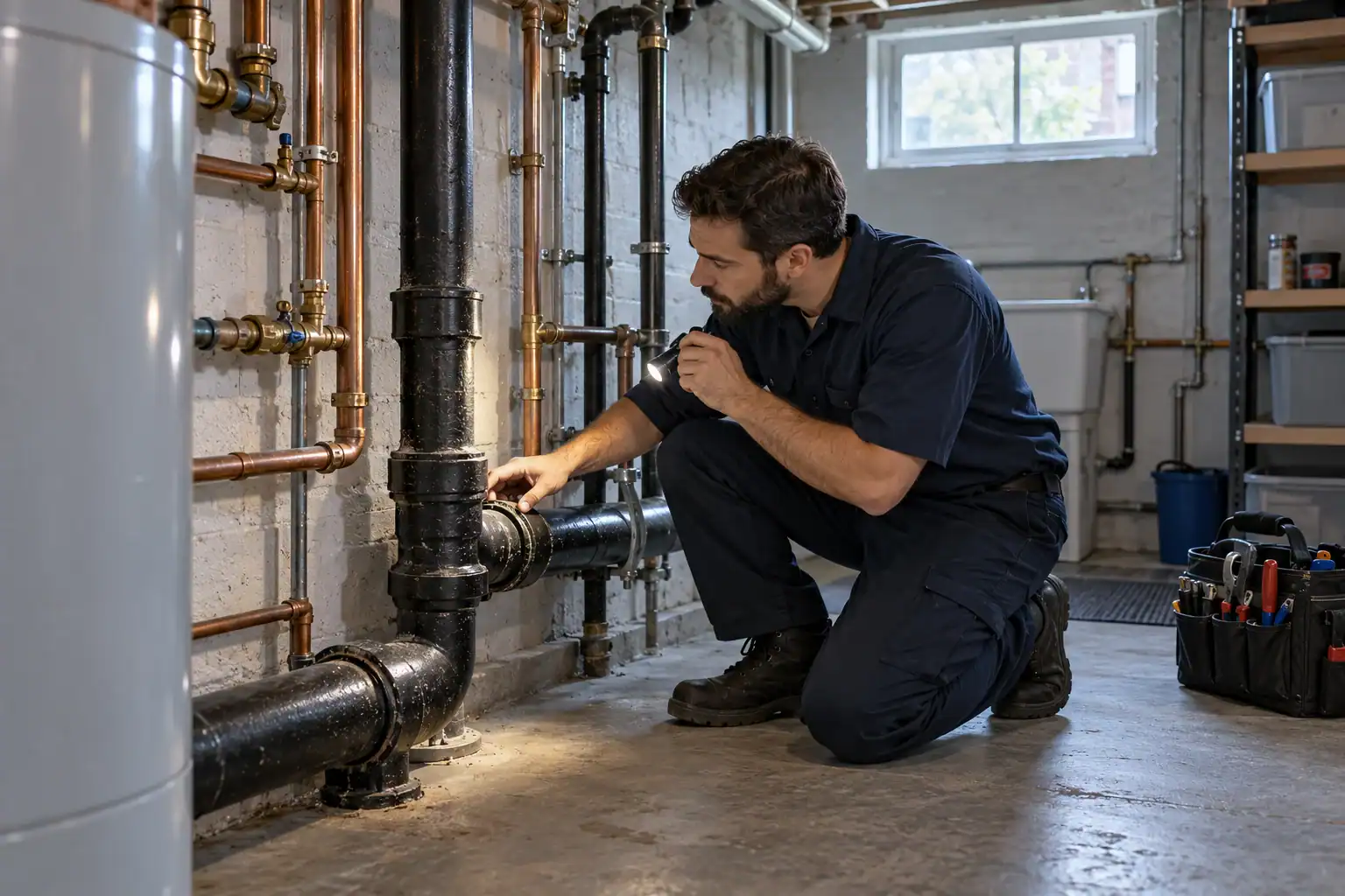 Illustration for a plumber in Verdun page: a professional checks exposed plumbing in the basement of a plex.