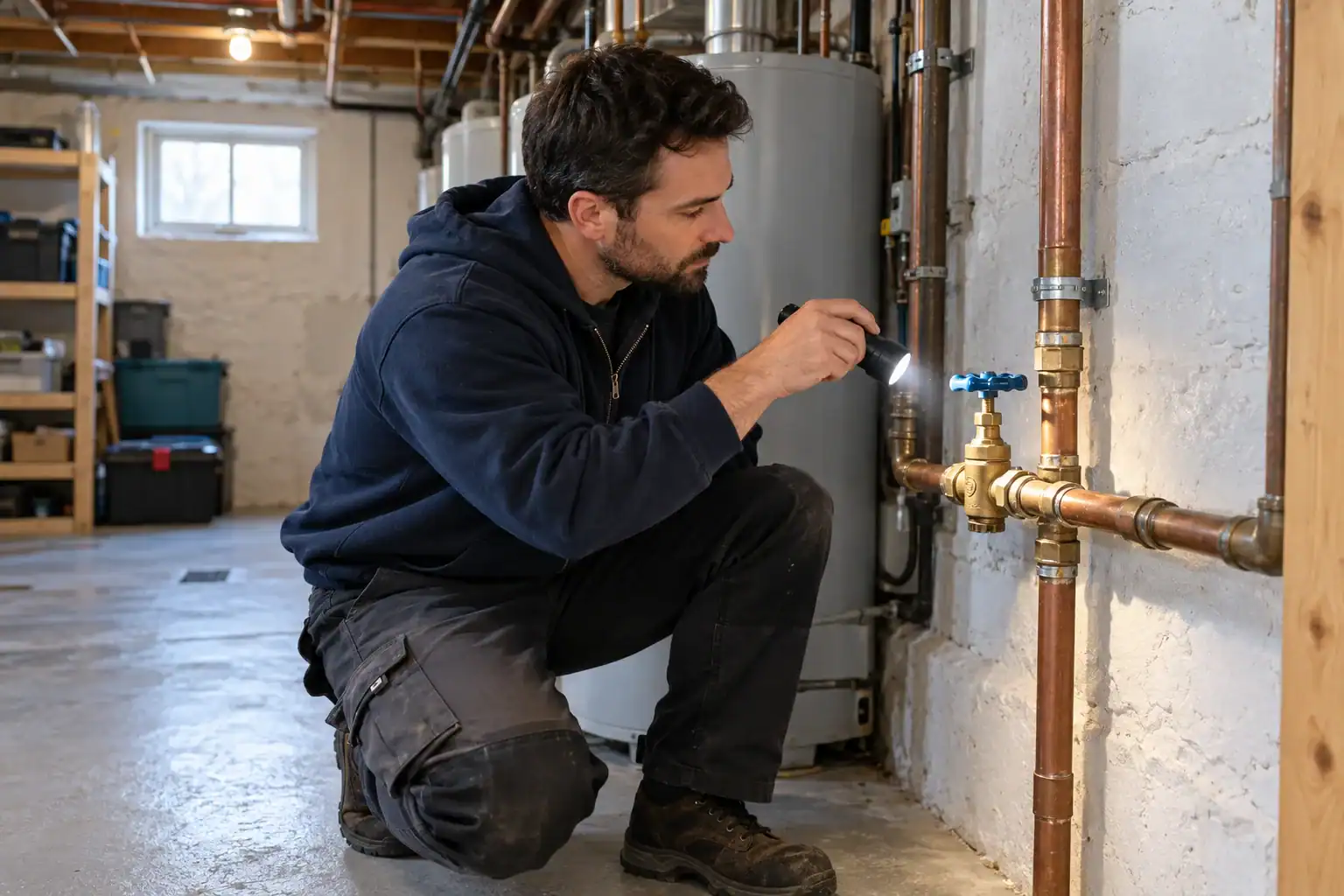 Inspection d’une entrée d’eau dans un plex | Plomberie Anjou Plombier examinant un robinet d’arrêt et une conduite en cuivre dans le sous-sol d’un plex