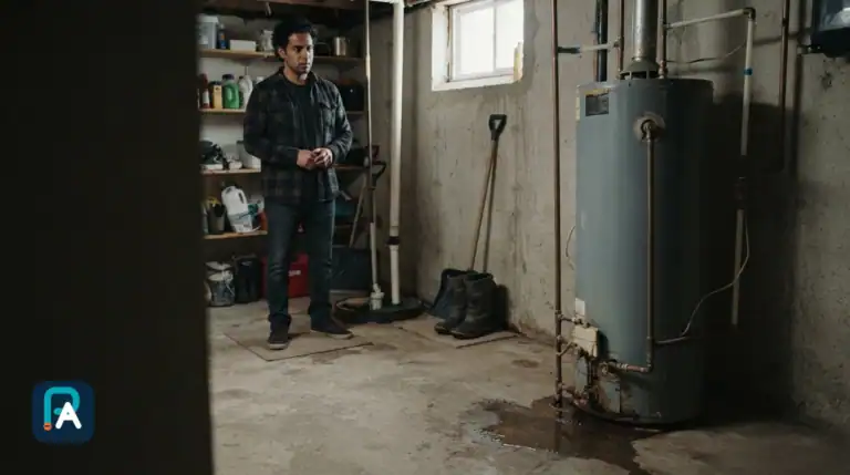 Un homme observe un chauffe-eau dans un sous-sol, avec une flaque d’eau au pied de l’appareil.