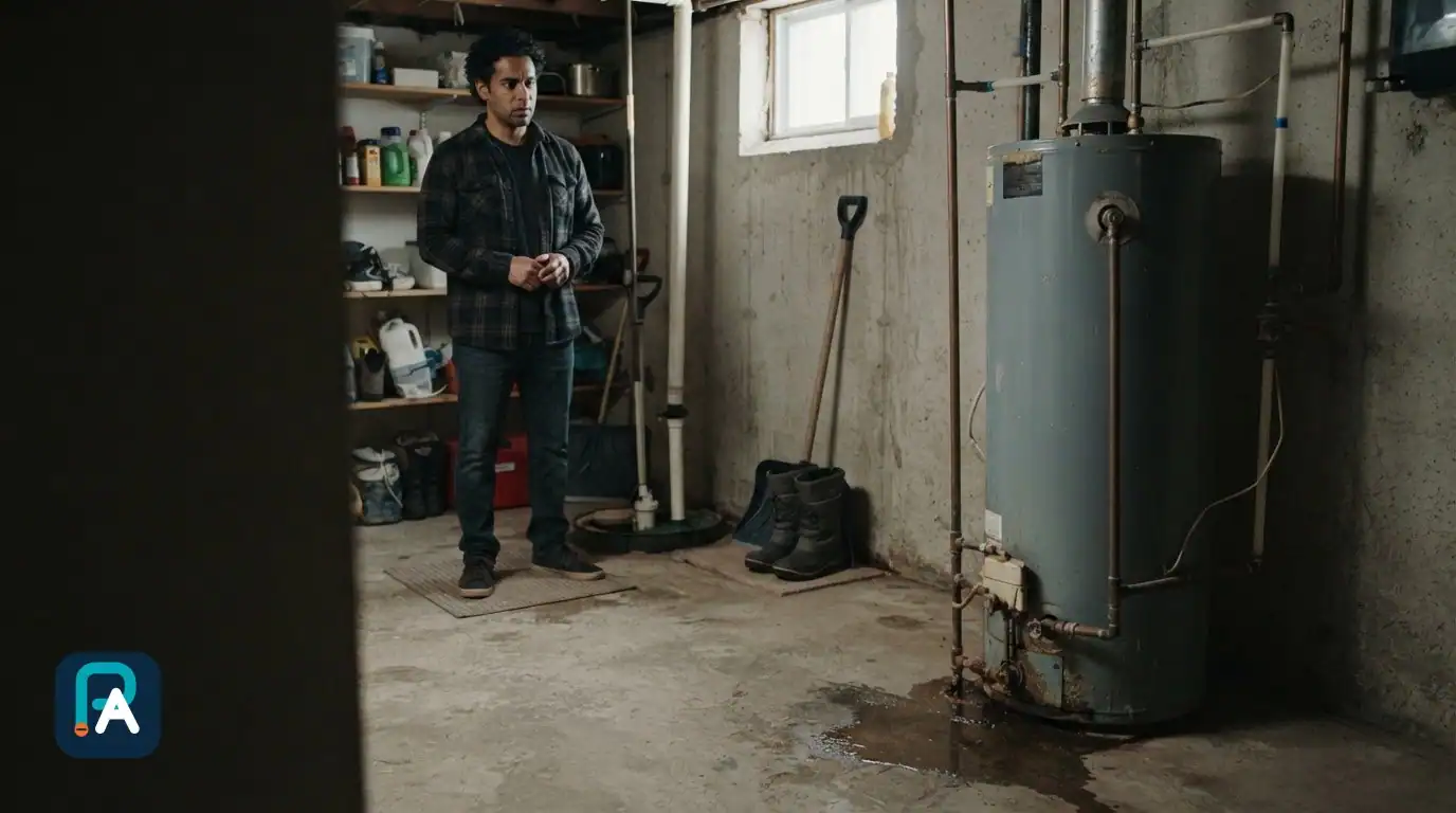 Un homme observe un chauffe-eau dans un sous-sol, avec une flaque d’eau au pied de l’appareil.
