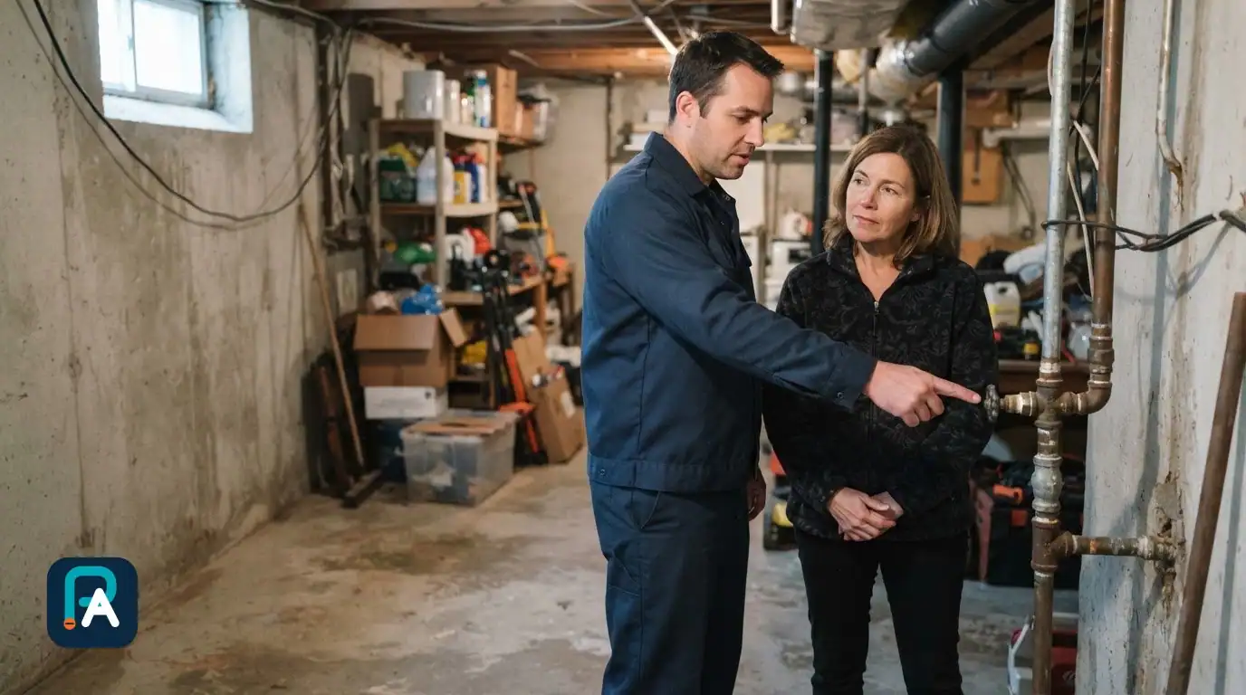 A man points out a pipe and its fittings to a woman in a basement with concrete walls.