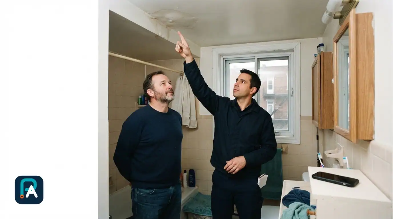 Deux hommes dans une salle de bain regardent une trace au plafond; l’un d’eux la montre du doigt.