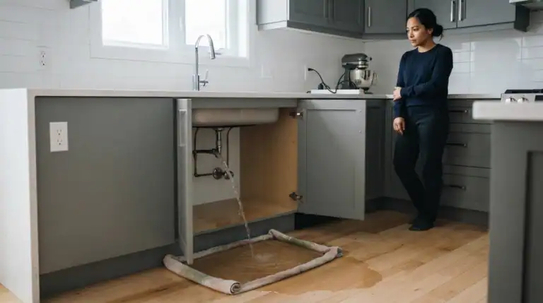 Une femme près d’un évier de cuisine; de l’eau jaillit de la plomberie sous le meuble ouvert et se répand sur le plancher.