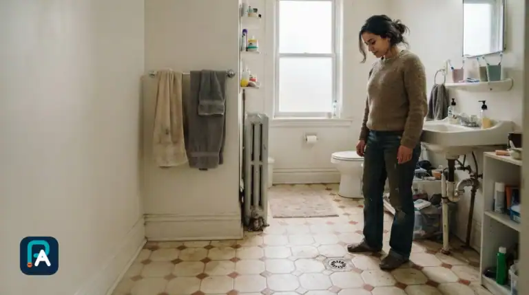 A woman looks toward a floor drain in a bathroom beside a sink with exposed plumbing.