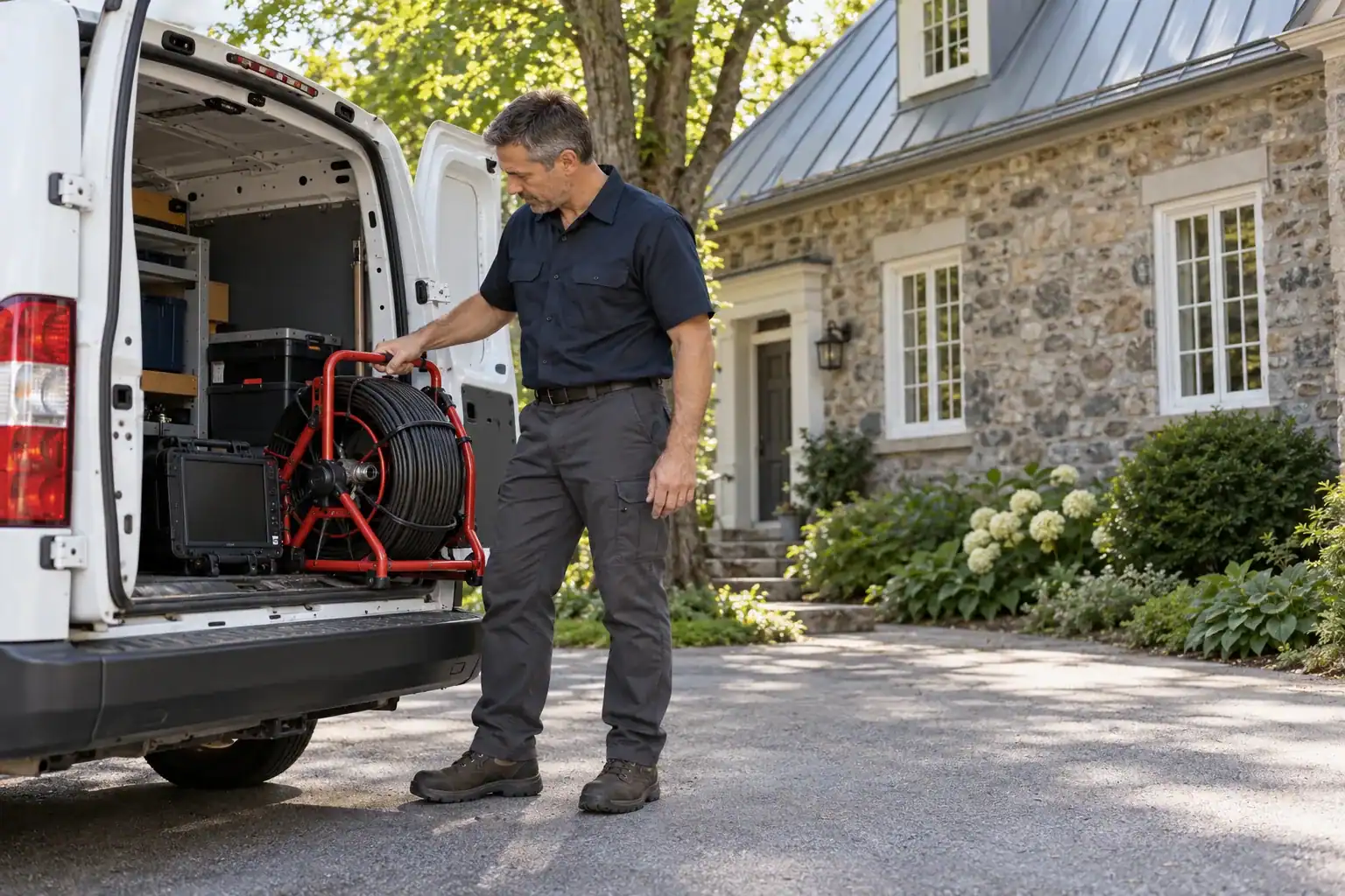 Plombier à L’Assomption préparant une caméra d’inspection à l’arrière d’une camionnette, près d’une maison en pierre.