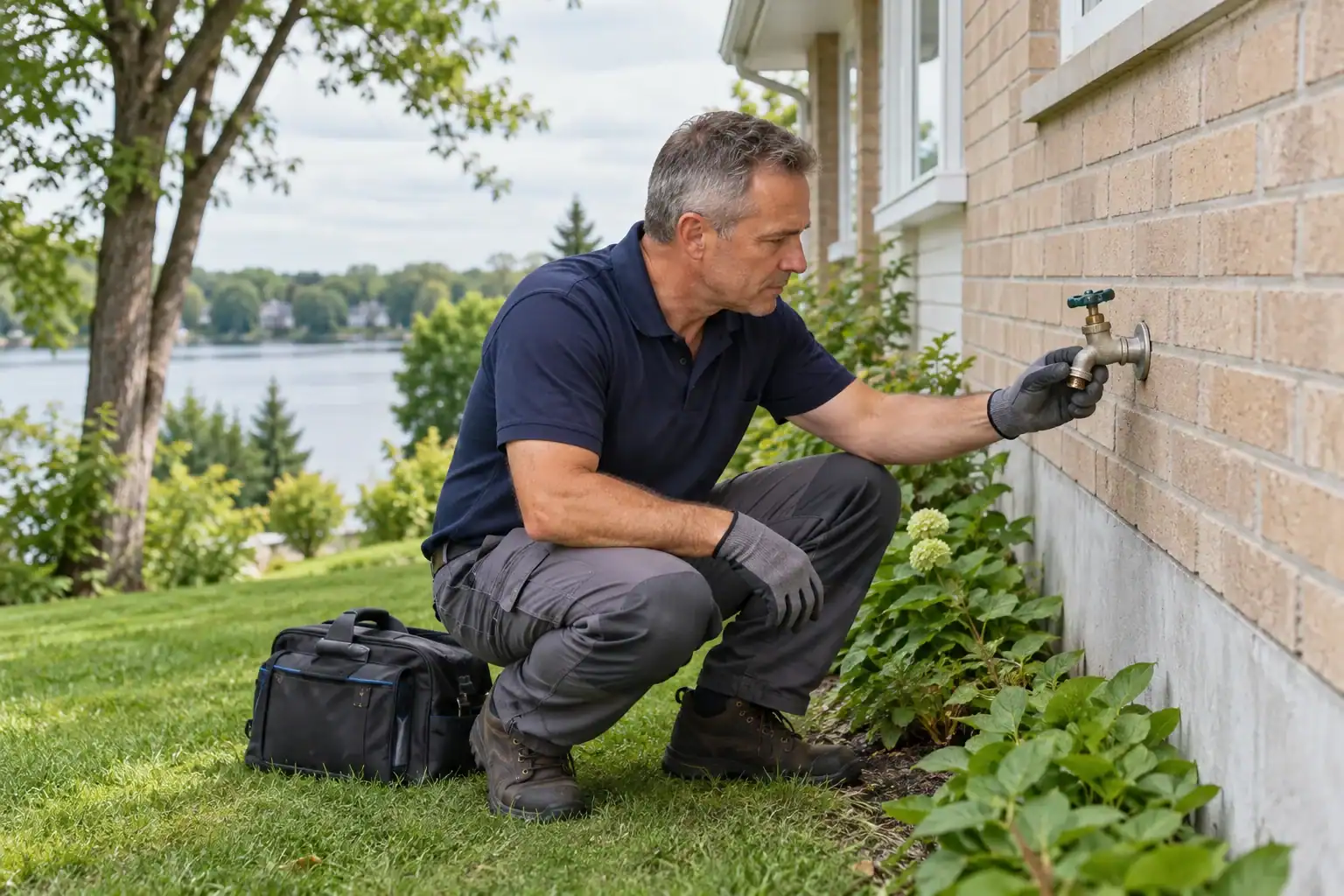 Plombier à Deux-Montagnes vérifiant un robinet extérieur sur le mur de brique d’une maison.