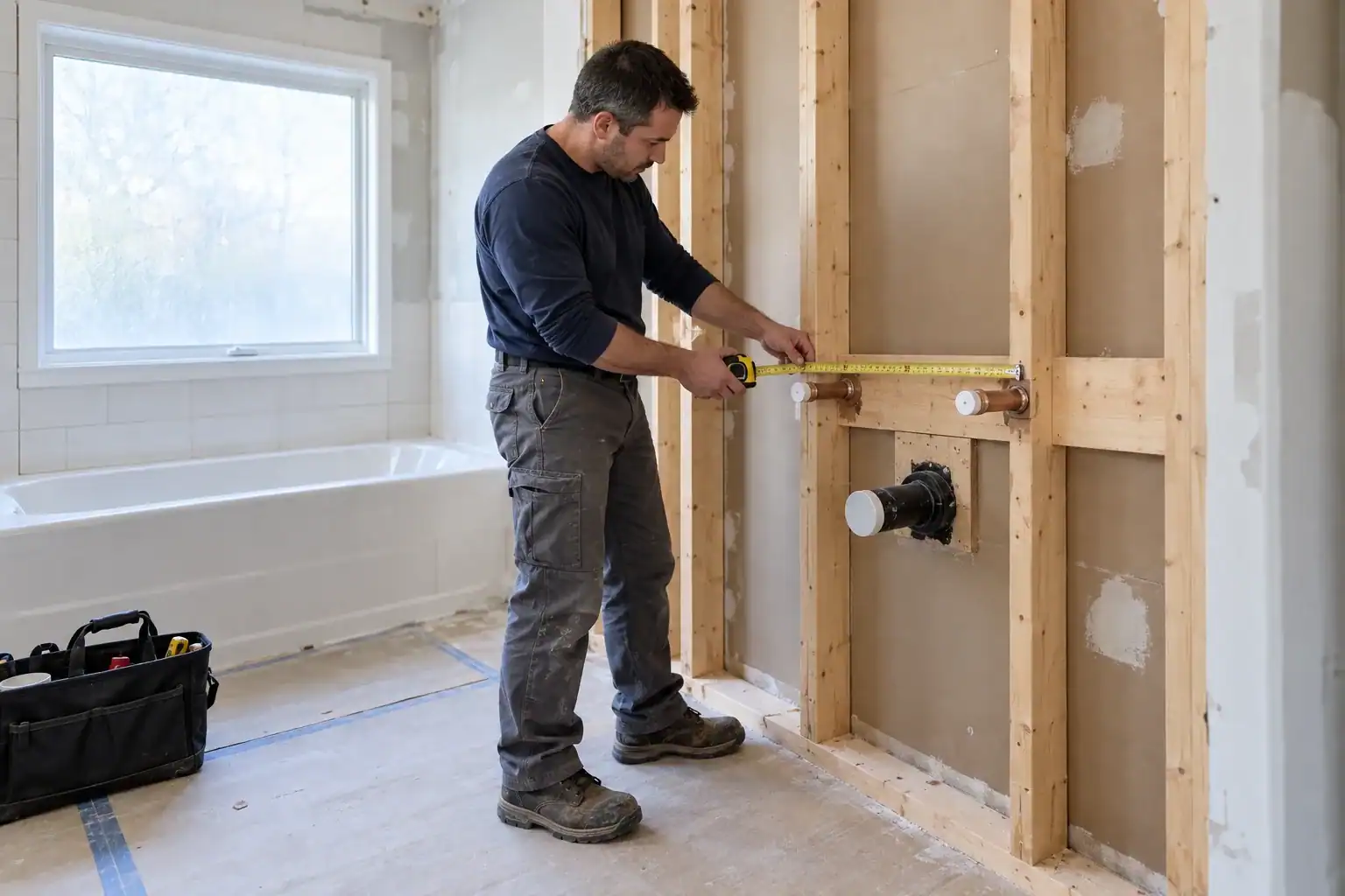 Plombier à Saint-Hubert mesurant les raccordements d’un lavabo dans une salle de bain en rénovation.