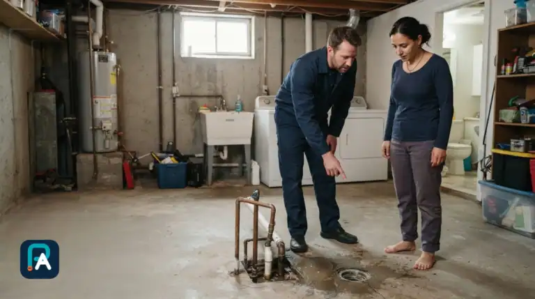 Un homme et une femme observent de l’eau sur le sol près d’un drain de plancher et de conduites apparentes dans un sous-sol.