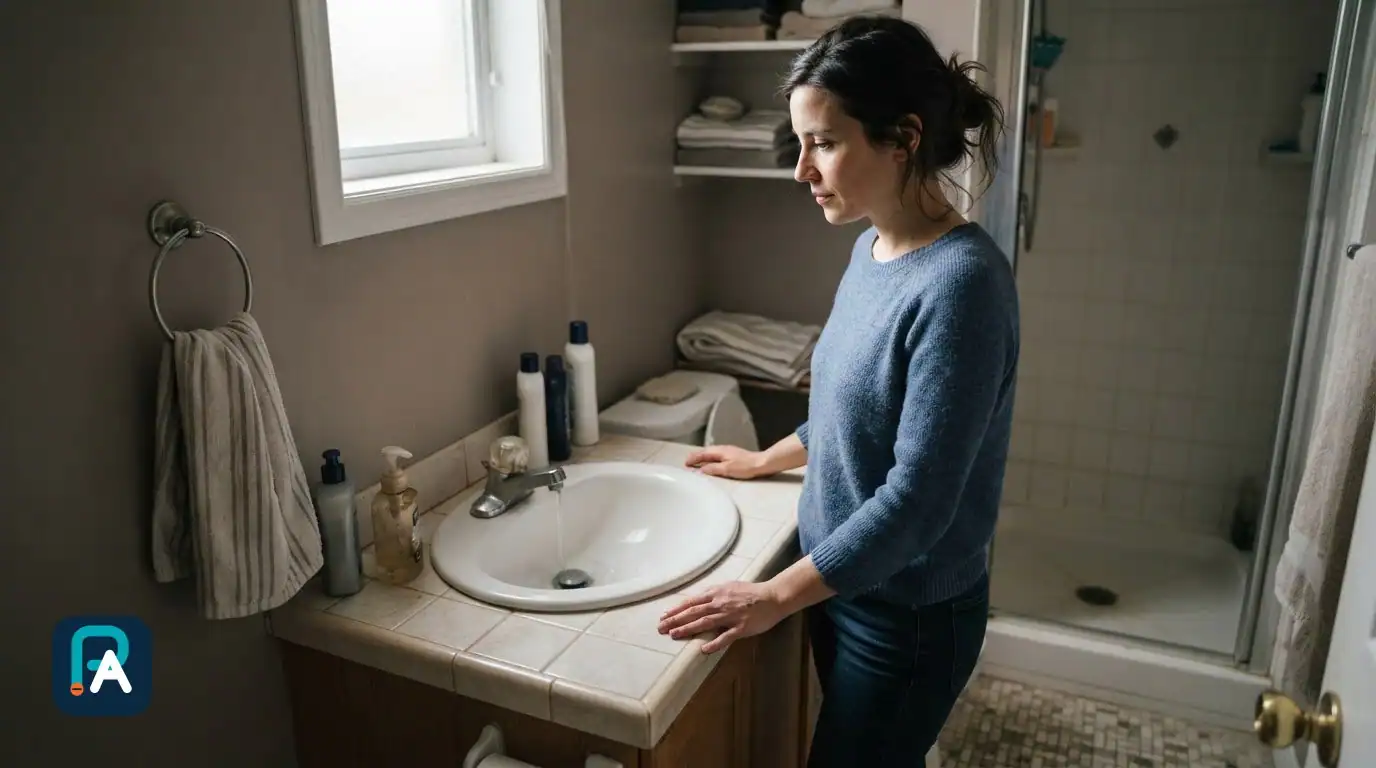 Une femme regarde l’eau couler dans le lavabo d’une salle de bain; la douche est visible derrière elle.