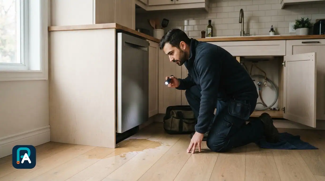 Personne examinant de l’eau sur le plancher devant un lave-vaisselle, avec l’armoire sous l’évier ouverte