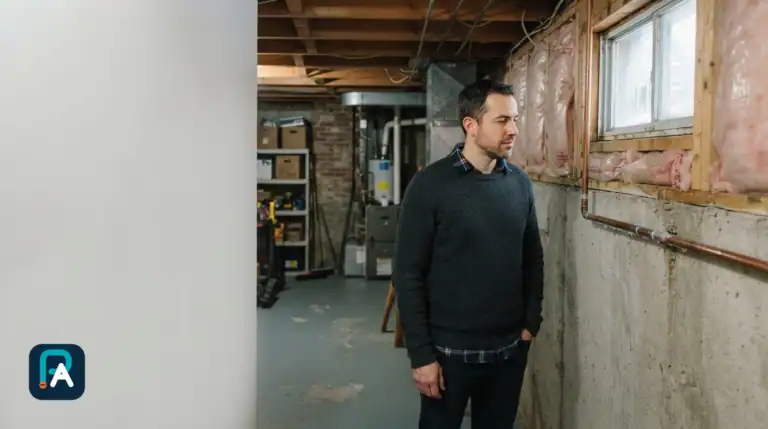 Un homme observe une conduite de cuivre le long du mur d’un sous-sol, sous une fenêtre et près de l’isolant apparent.