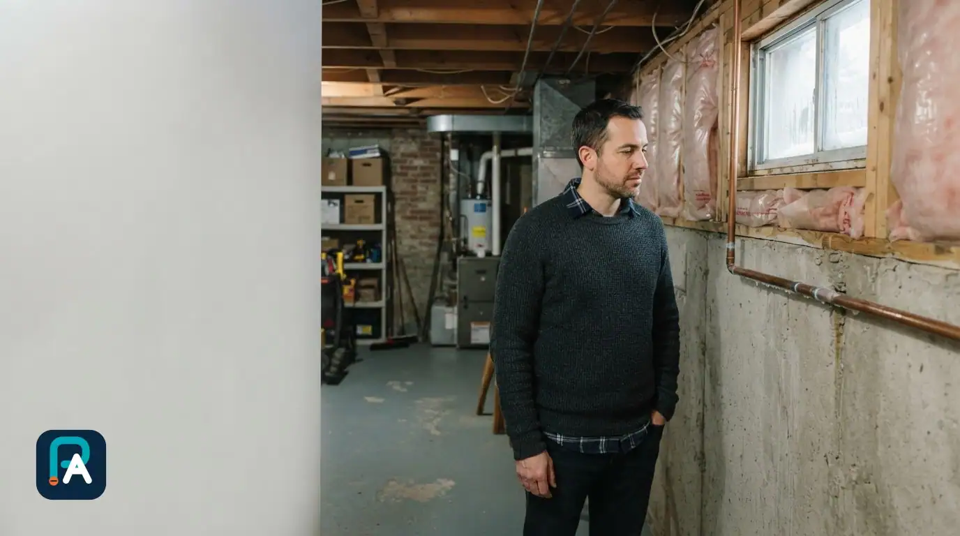 A man looks at a copper pipe running along a basement wall, beneath a window and beside exposed insulation.