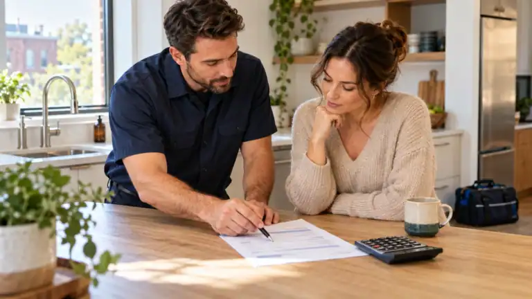Un plombier explique une estimation de travaux à une propriétaire, avec une calculatrice sur le comptoir.