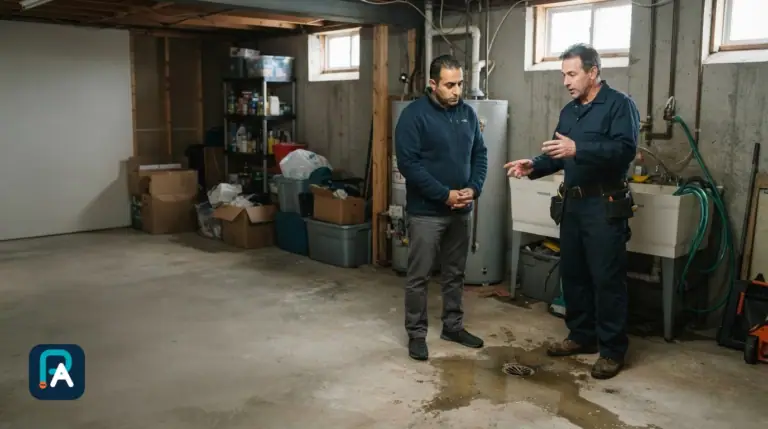 Deux hommes discutent dans un sous-sol où de l’eau est visible sur le sol autour d’un drain de plancher, près de boîtes et de bacs de rangement.