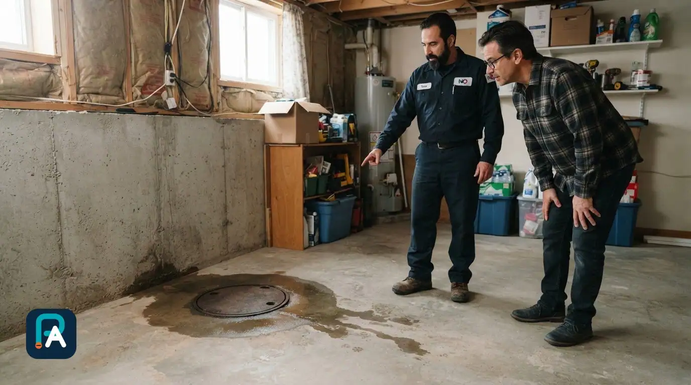 Two men look at a round cover set into a basement slab, with a damp area around it.