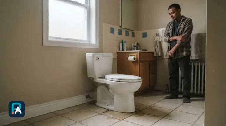 Un homme regarde une toilette dans une salle de bain, avec de l’eau visible sur le carrelage devant l’appareil.